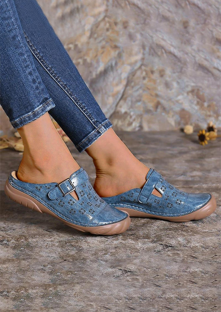 

Slippers Floral Hollow Out PU Leather Buckle Strap Slippers in Blue. Size: ,40