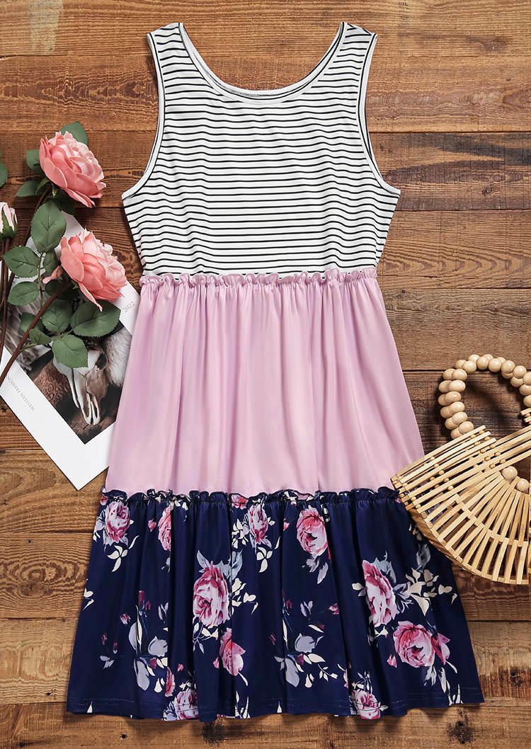 Mini Dresses Striped Floral Color Block Sleeveless Mini Dress in Multicolor. Size: XL