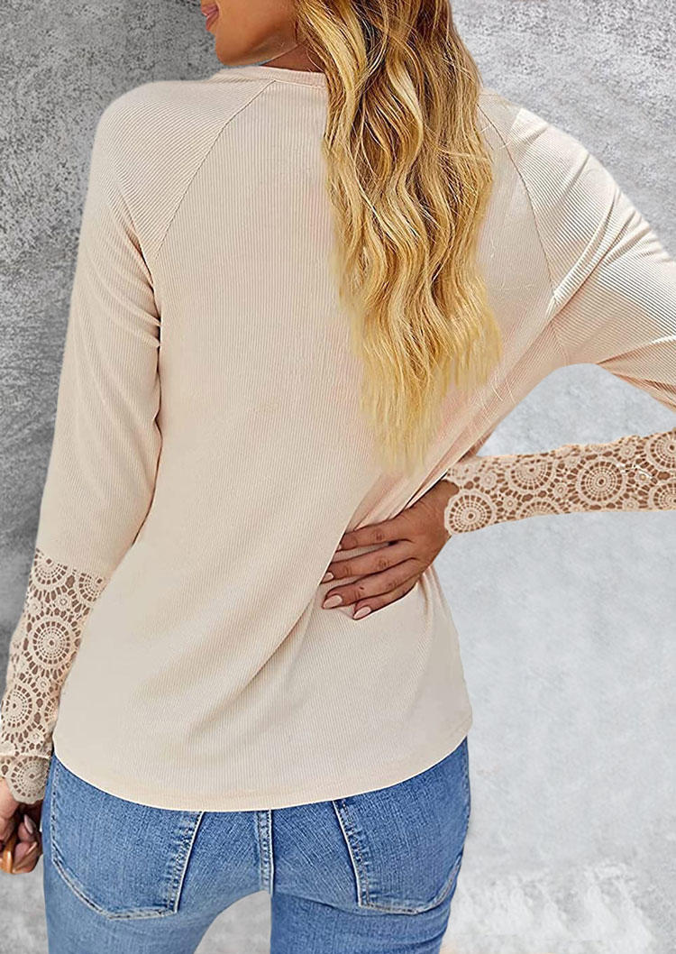 

Blouses Lace Splicing Button Long Sleeve Blouse in Apricot. Size