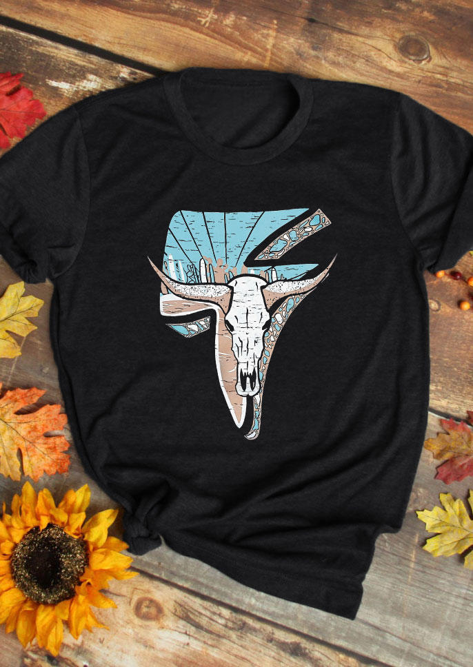 

T-shirts Tees Steer Skull Short Sleeve O-Neck T-Shirt Tee in Black. Size