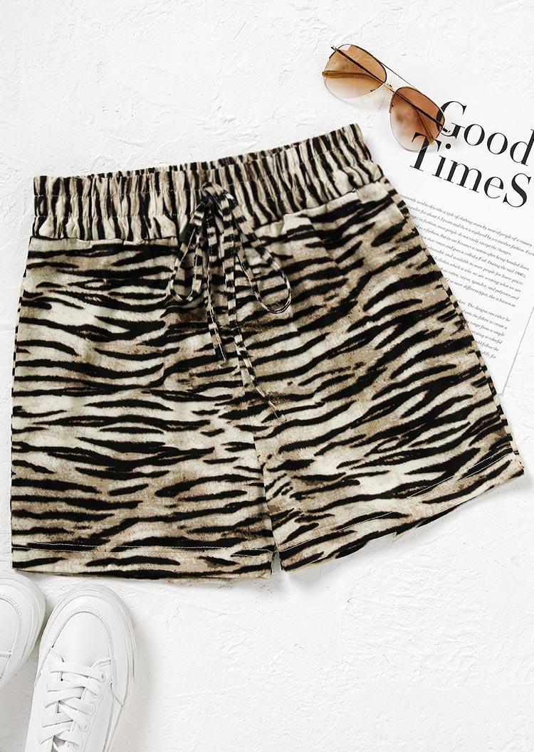 Shorts Tiger Graphic Elastic Waist Tie Shorts in Khaki. Size: L