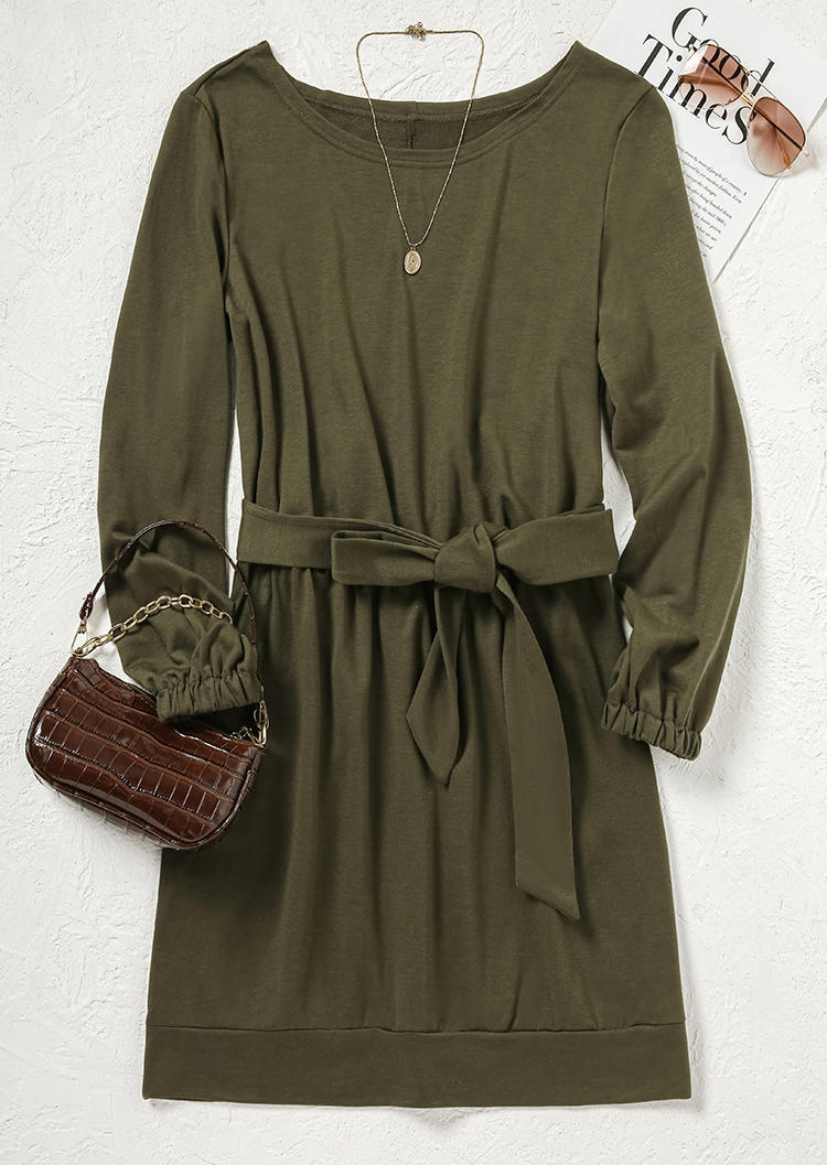 

Mini Dresses Tie Long Sleeve O-Neck Mini Dress - Army Green in Green. Size