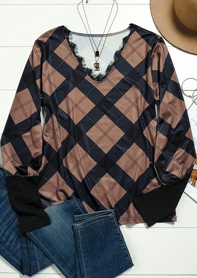

Blouses Lace Splicing Plaid Long Sleeve Blouse in Brown. Size