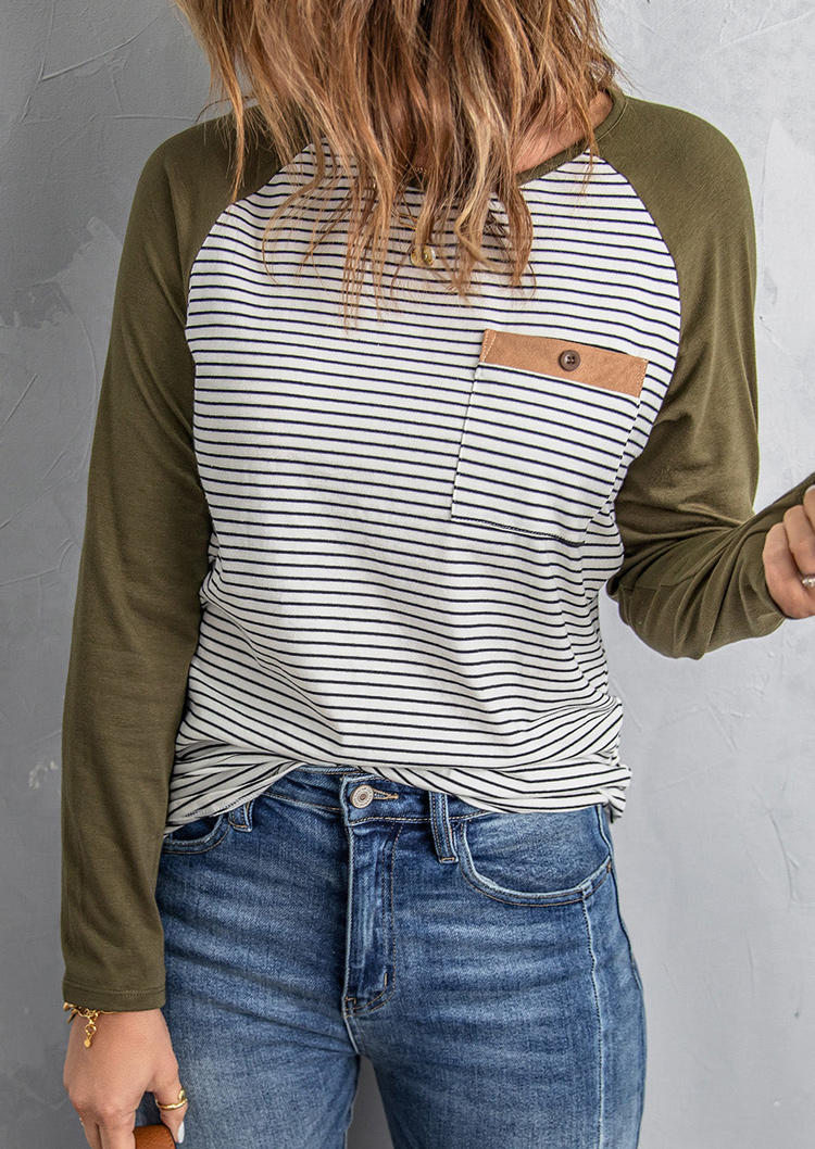 

Blouses Striped Pocket Button Long Sleeve Blouse - Army Green in Green. Size