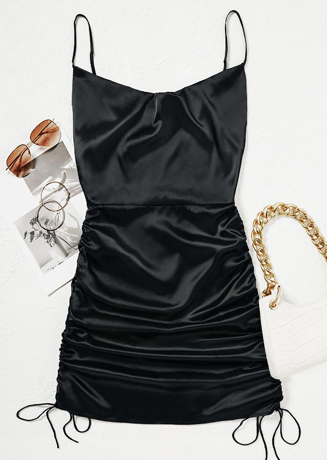 Mini Dresses Drawstring Spaghetti Strap Mini Dress in Black. Size: S