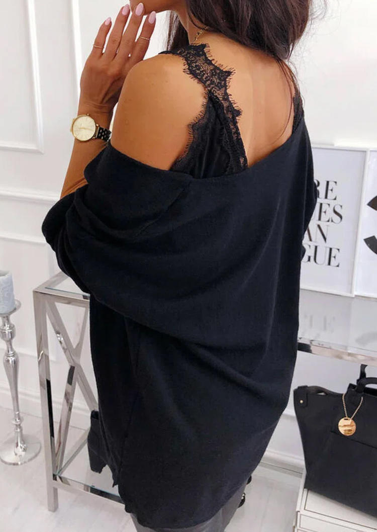 

Blouses Long Sleeve V-Neck Blouse without Lace Splicing Tank in Black. Size