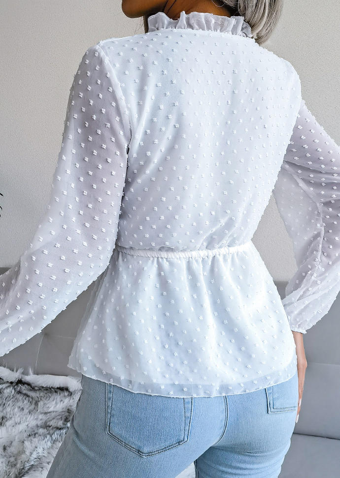 Button Dotted Swiss Drawstring Blouse - White
