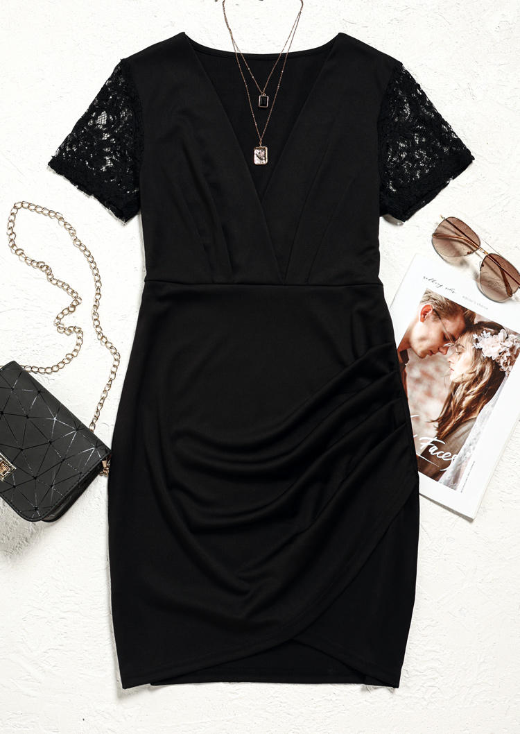 Bodycon Dresses Lace Splicing Short Sleeve Wrap Bodycon Dress in Black. Size: S