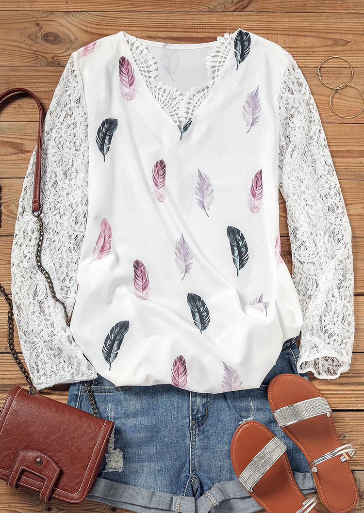 Blouses Feather Lace Splicing Long Sleeve Blouse in White. Size: M