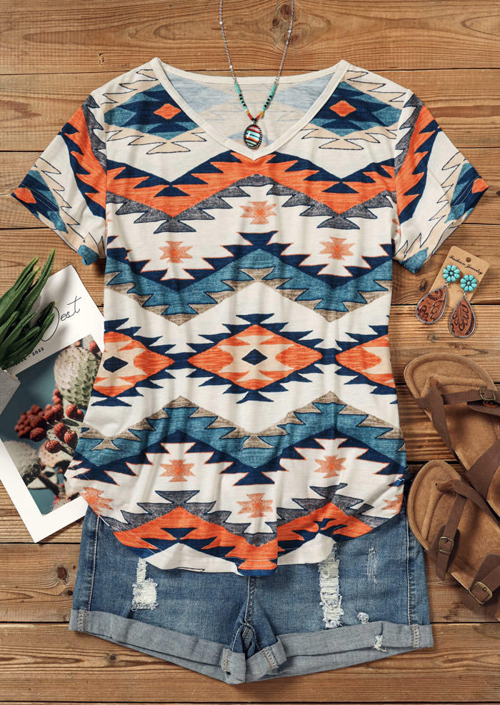 

Blouses Aztec Geometric V-Neck Short Sleeve Blouse in Multicolor. Size