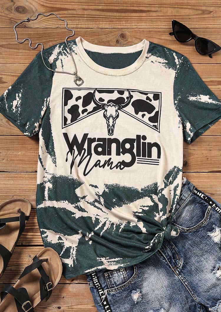 T-shirts Tees Wranglin Mama Cow Steer Skull Bleached T-Shirt Tee in Multicolor. Size: S