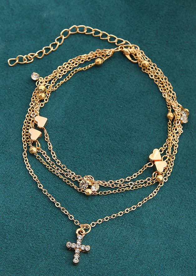 

Body Jewelry Heart Cross Rhinestone Multi-Layered Anklet in Gold. Size