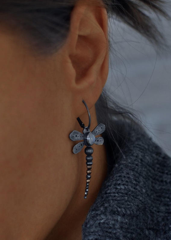

Earrings Vintage Moonstone Dragonfly Earrings in Silver. Size