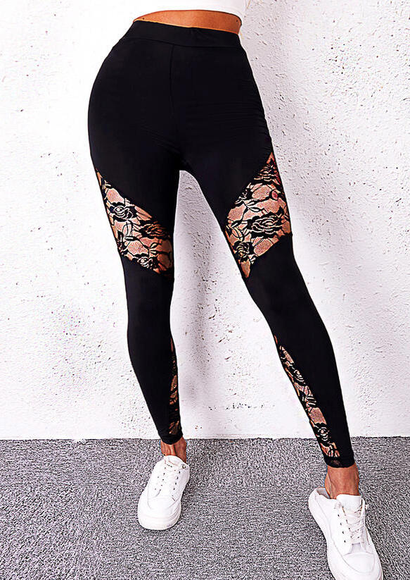 Activewear Lace Splicing High Waist Activewear Leggings in Black. Size: L,M,S