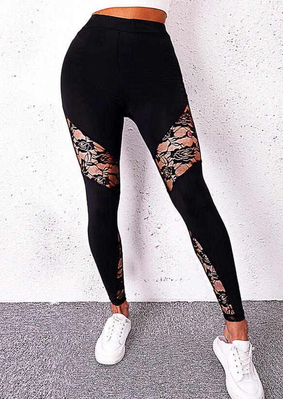 

Activewear Lace Splicing High Waist Activewear Leggings in Black. Size