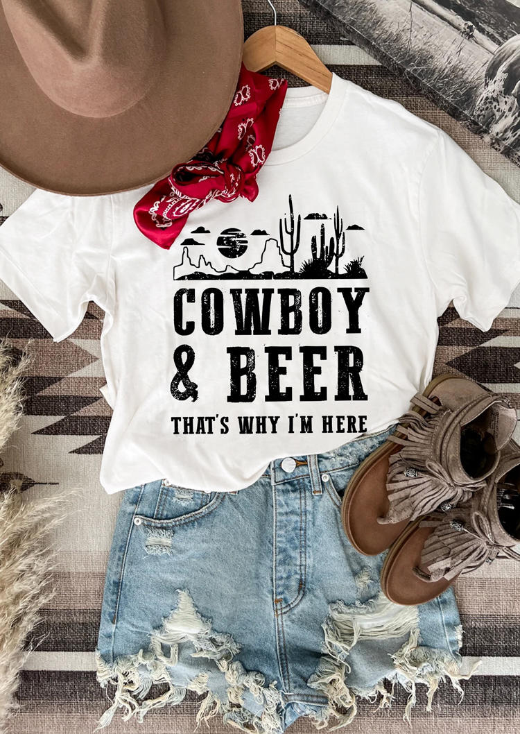 

T-shirts Tees Cowboy & Beer That's Why I' Here Cactus T-Shirt Tee in White. Size