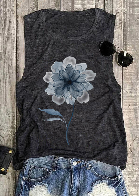 

Tank Tops Floral O-Neck Casual Tank Top in Dark Grey. Size: ,M,L,XL