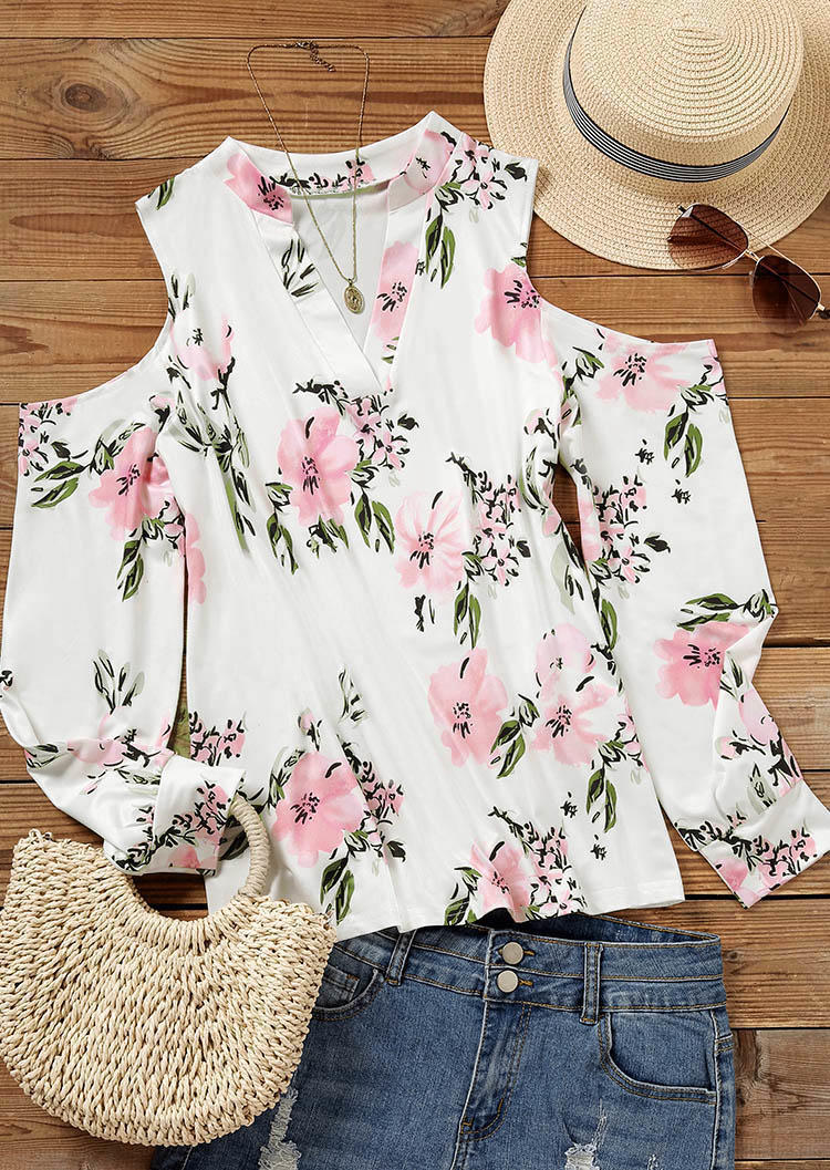 

Blouses Floral Cold Shoulder V-Neck Blouse in White. Size: ,XL