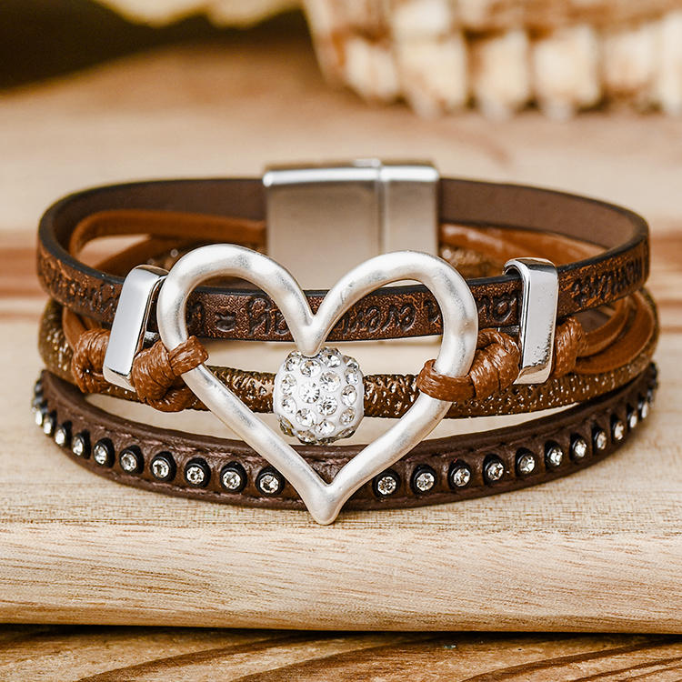 Heart Rhinestone Hollow Out PU Leather Bracelet