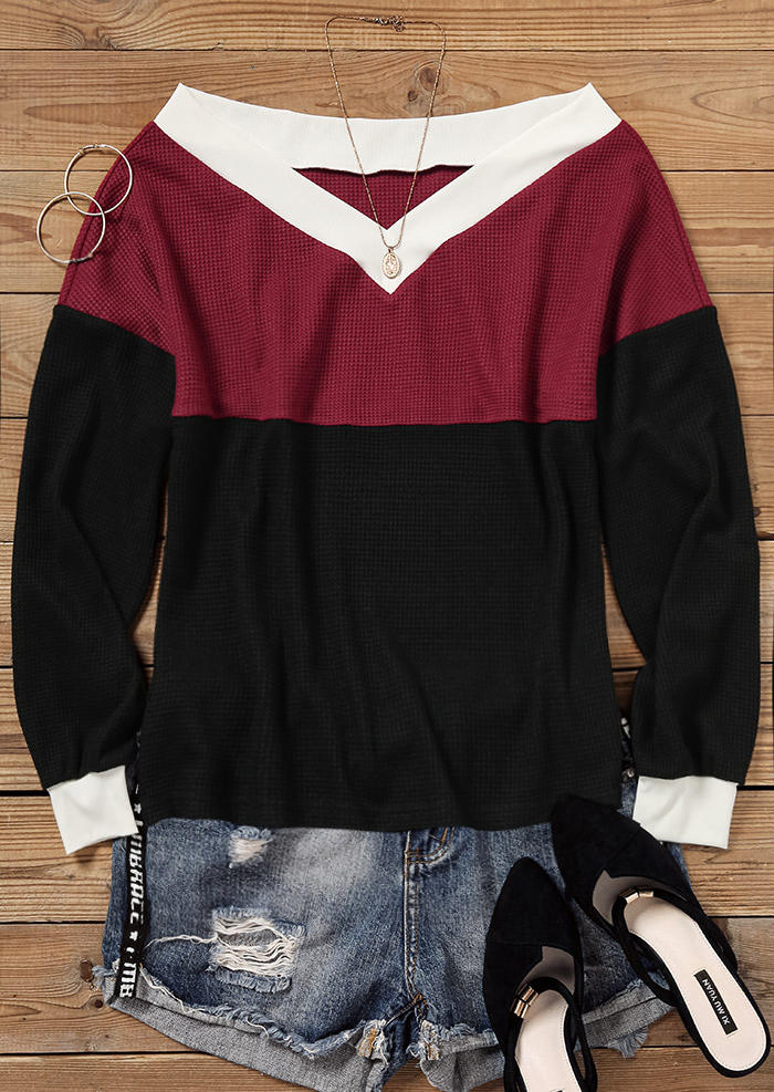 Blouses Color Block Long Sleeve Blouse - Burgundy in Red. Size: L,M