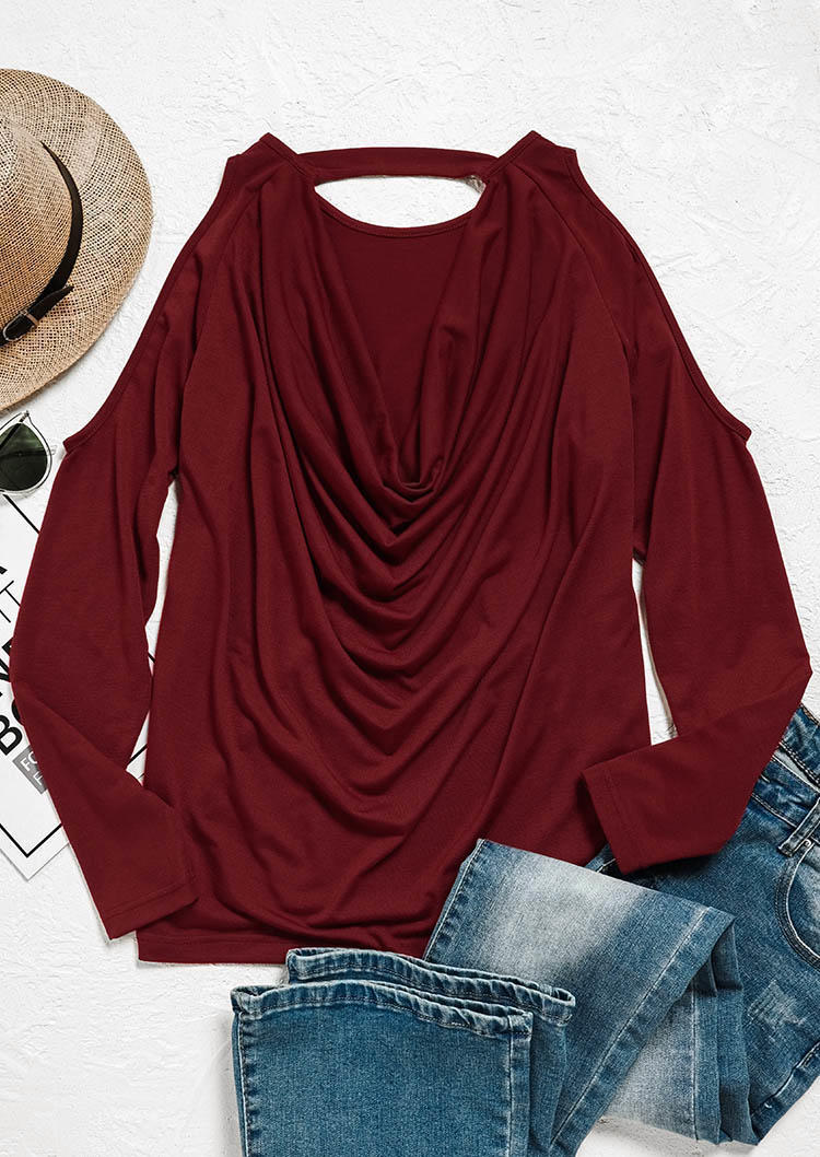 Blouses Open Back Cold Shoulder Long Sleeve Blouse - Burgundy in Red. Size: L,M,XL
