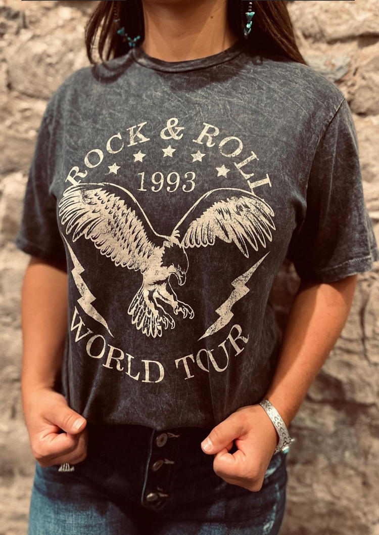 Rock & Roll World Tour Eagle O-Neck T-Shirt Tee - Dark Grey