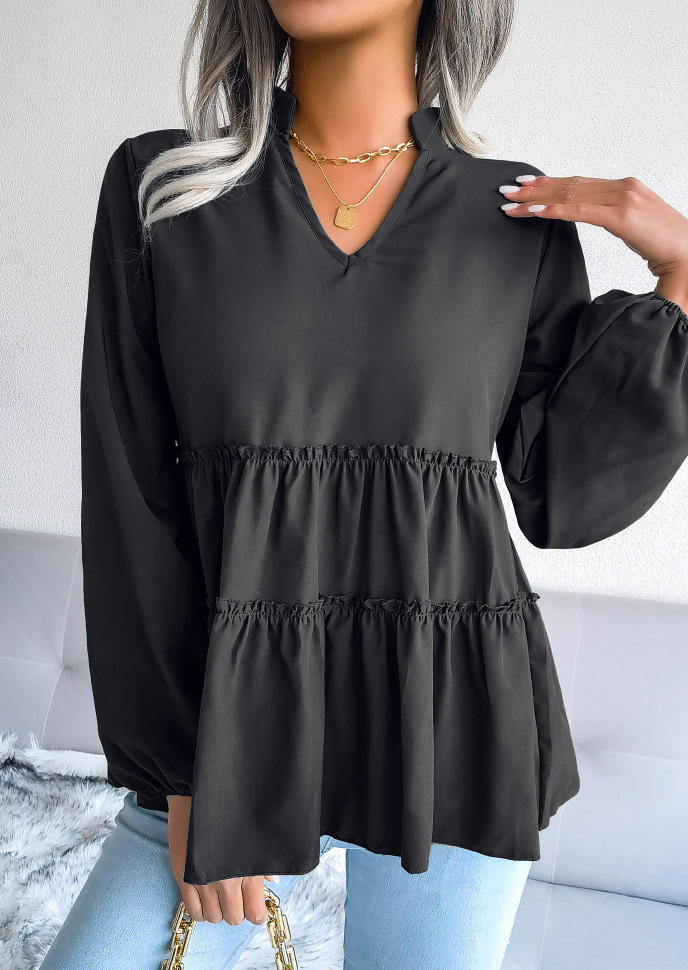 Blouses Ruffled Long Sleeve V-Neck Blouse in Black. Size: L,M,S,XL