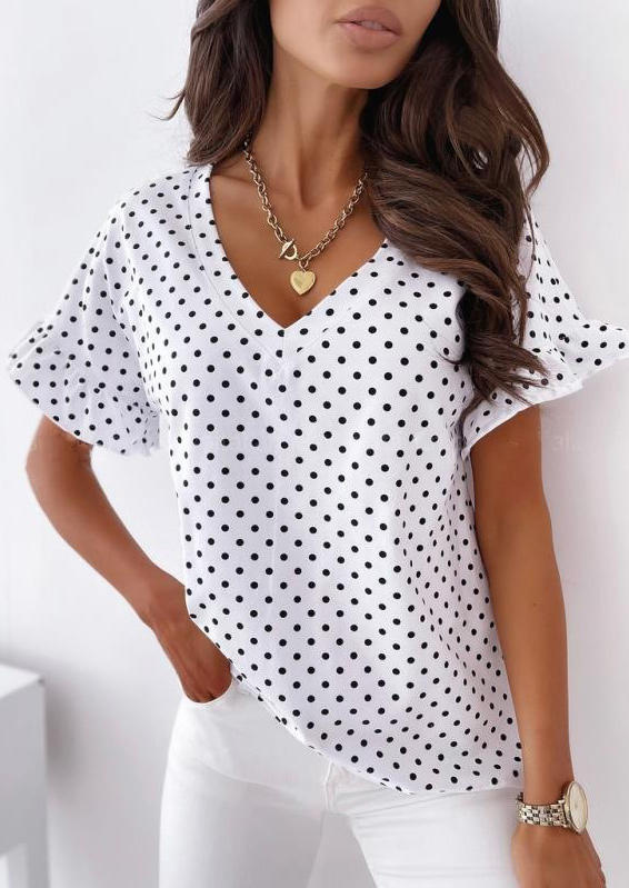 

Blouses Polka Dot Ruffled Short Sleeve Blouse in White. Size