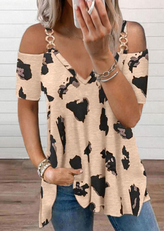 

Blouses Leopard Metal Chain Cold Shoulder Blouse in Multicolor. Size
