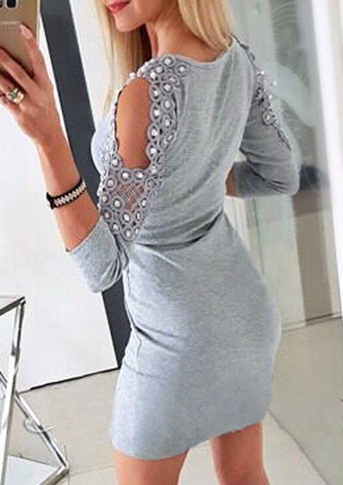 Bodycon Dresses Pearl Lace Splicing Hollow Out Cold Shoulder Bodycon Dress in Gray. Size: M,XL