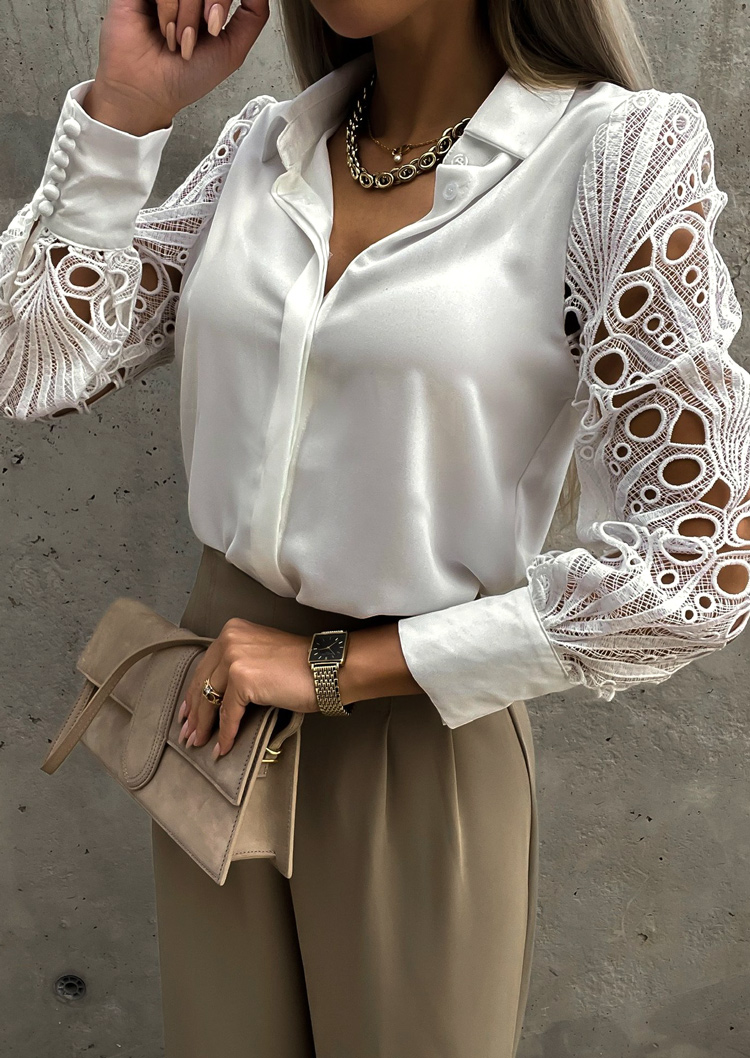 Shirts Lace Splicing Button Long Sleeve Shirt in White. Size: L,S,XL