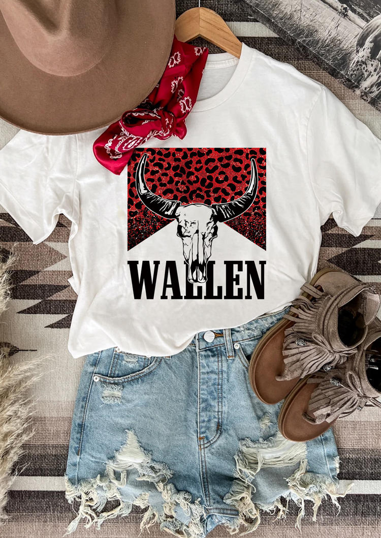 

T-shirts Tees Leopard Steer Skull O-Neck T-Shirt Tee in White. Size