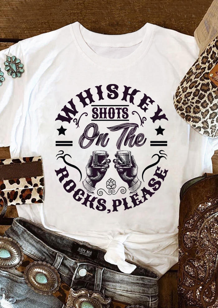 T-shirts Tees Whiskey Shots On The Rocks Please O-Neck  T-Shirt Tee in White. Size: L,M,S
