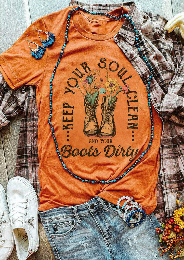 T-shirts Tees Keep Your Soul Clean Boots Dirty Floral T-Shirt Tee in Orange. Size: M,S