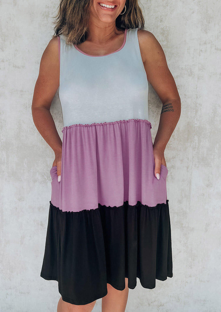 

Mini Dresses Color Block Ruffled Pocket Sleeveless Mini Dress in Multicolor. Size