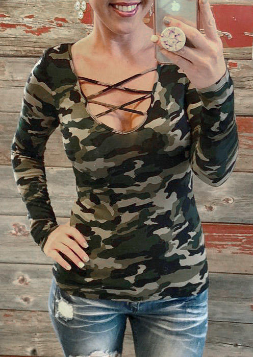 

Blouses Camouflage Criss-Cross Long Sleeve Blouse in Multicolor. Size