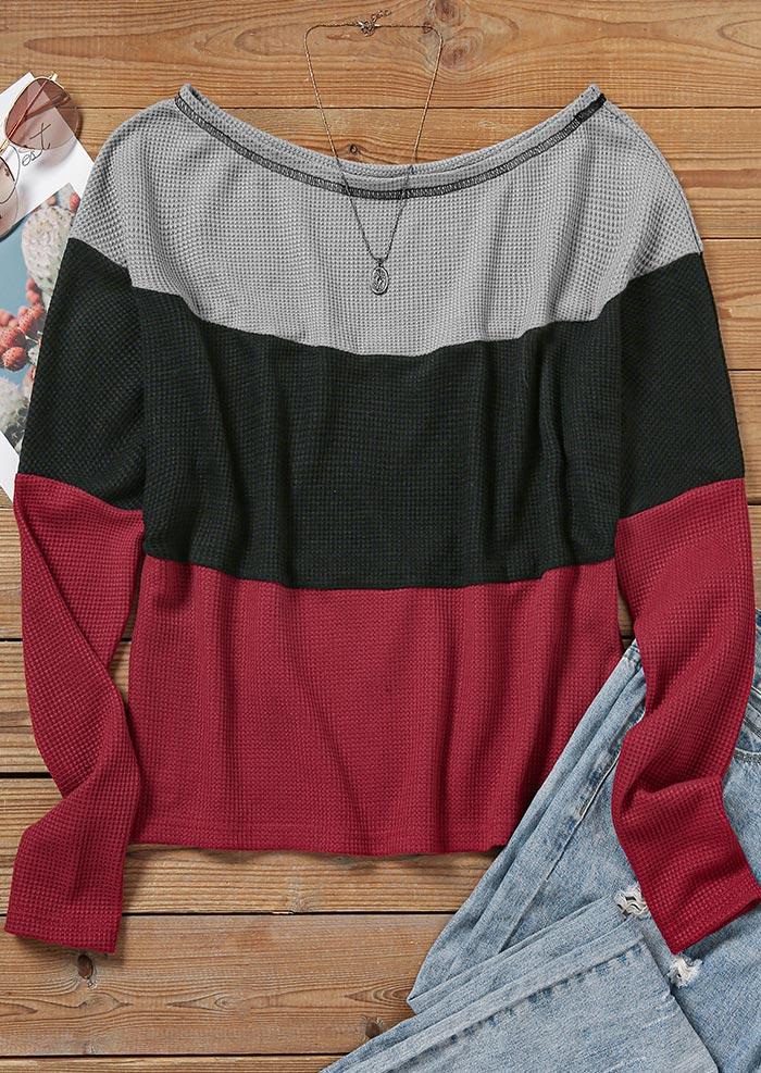 

Blouses Color Block Off Shoulder Long Sleeve Waffle Blouse in Multicolor. Size: L,M