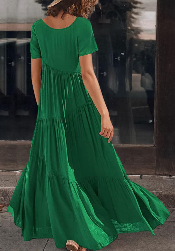 Maxi Dresses Ruffled Short Sleeve O-Neck Maxi Dress in Green. Size: S