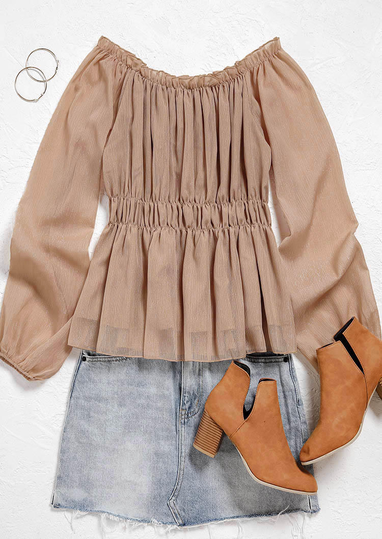 Blouses Ruffled Off Shoulder Long Sleeve Blouse - Camel in Brown. Size: L,M,S,XL