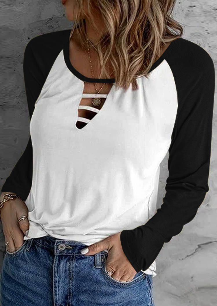 Blouses Color Block Hollow Out Long Sleeve Blouse in Black. Size: L,M,S,XL