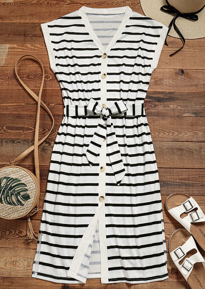 Midi Dresses Striped Button Slit Tie V-Neck Midi Dress in Multicolor. Size: L,M