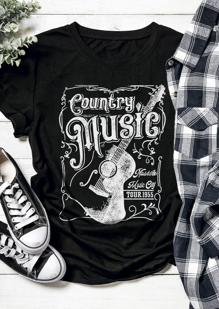 

T-shirts Tees Country Music Nashville City Tour 1955 Guitar O-Neck T-Shirt Tee in Black. Size