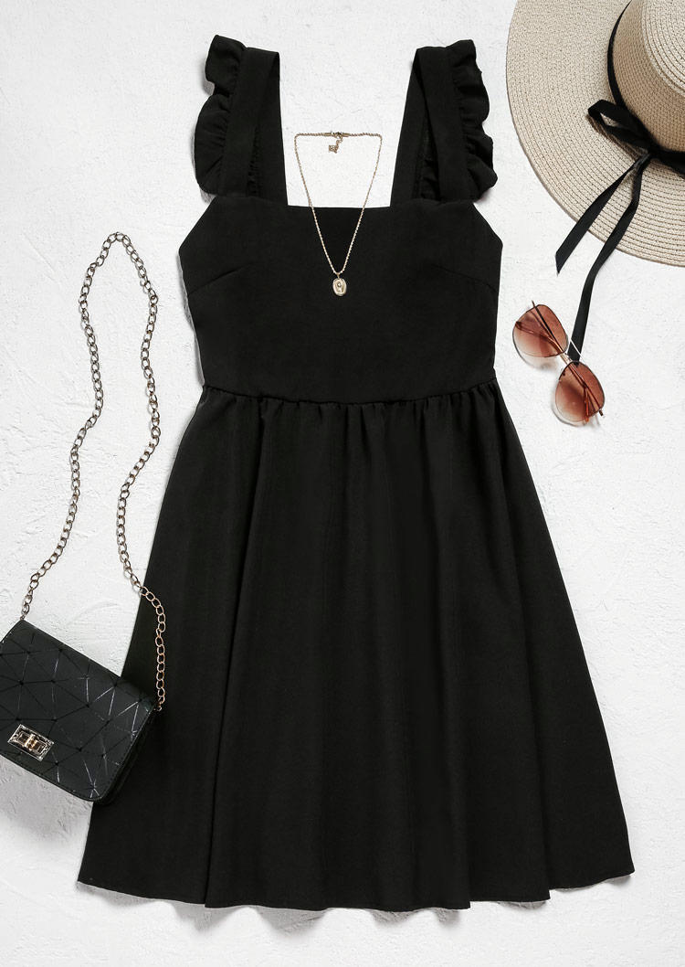 Mini Dresses Ruffled Sleeveless Square Collar Mini Dress in Black. Size: S