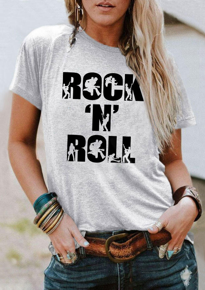 Rock And Roll O-Neck T-Shirt Tee - Light Grey