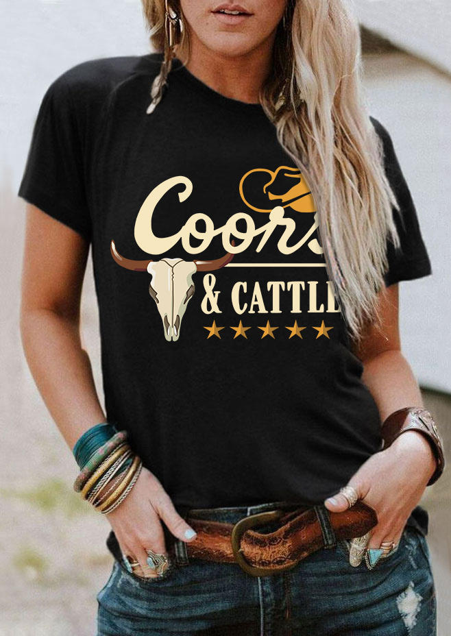 

T-shirts Tees Coors & Cattle Steer Skull Hat O-Neck T-Shirt Tee in Black. Size