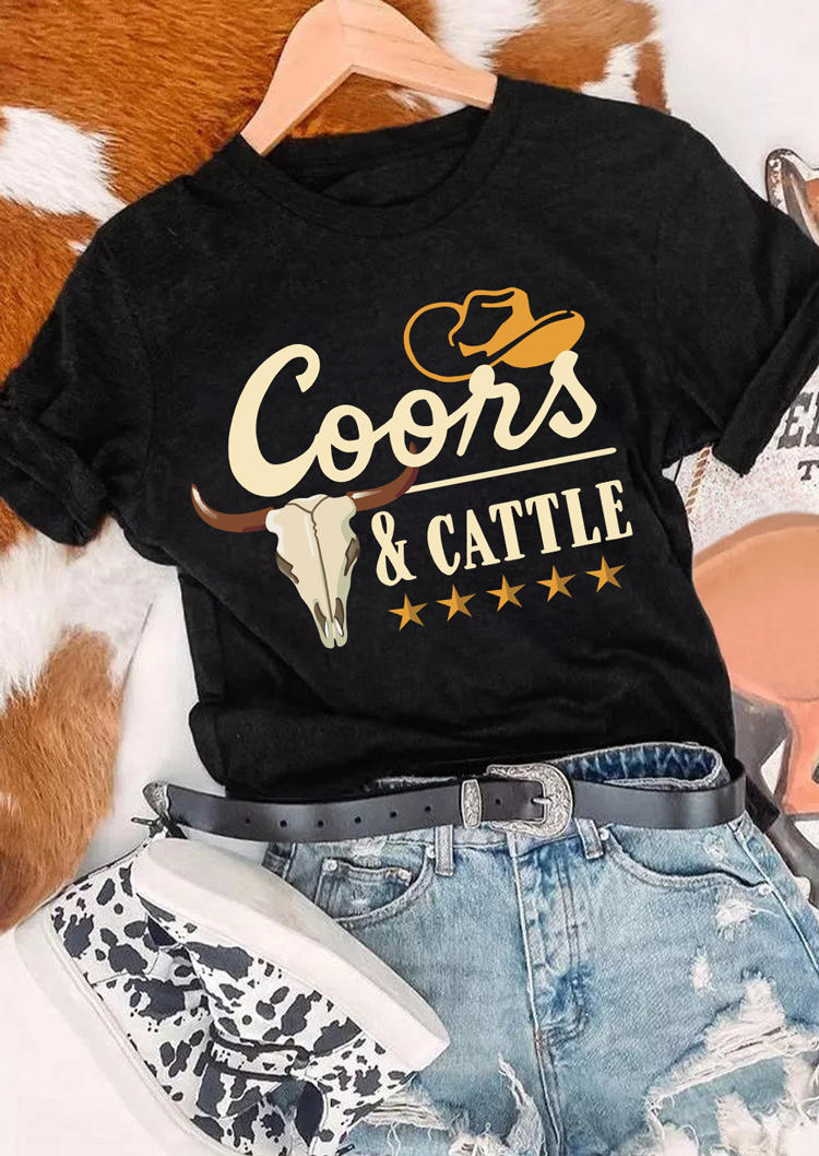 Coors & Cattle Steer Skull Hat O-Neck T-Shirt Tee - Black