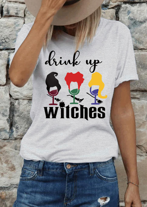 Drinks Up Witches O-Neck T-Shirt Tee - Light Grey