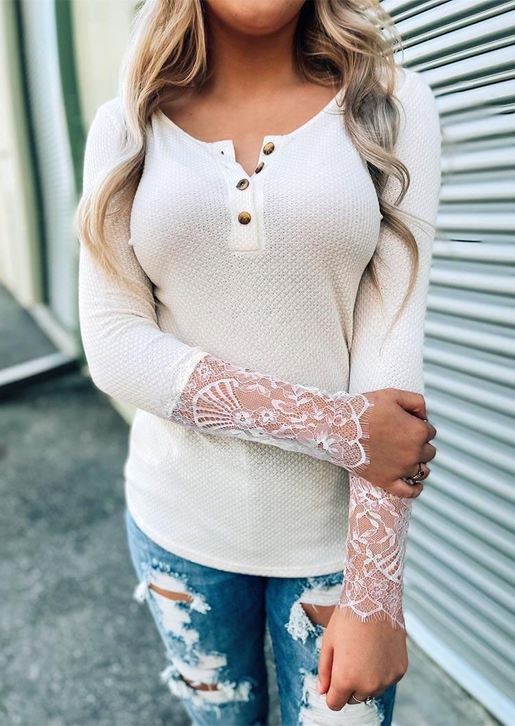 Lace Splicing Button Long Sleeve Blouse - White