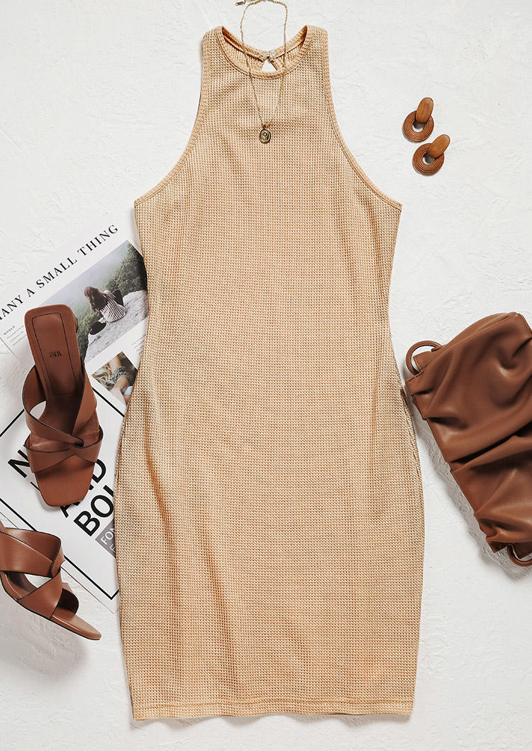 

Bodycon Dresses Waffle Button Hollow Out O-Neck Bodycon Dress in Khaki. Size