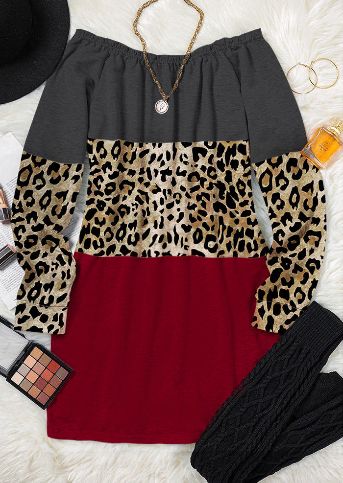 Mini Dresses Leopard Color Block Long Sleeve Mini Dress in Multicolor. Size: L,M,S,XL